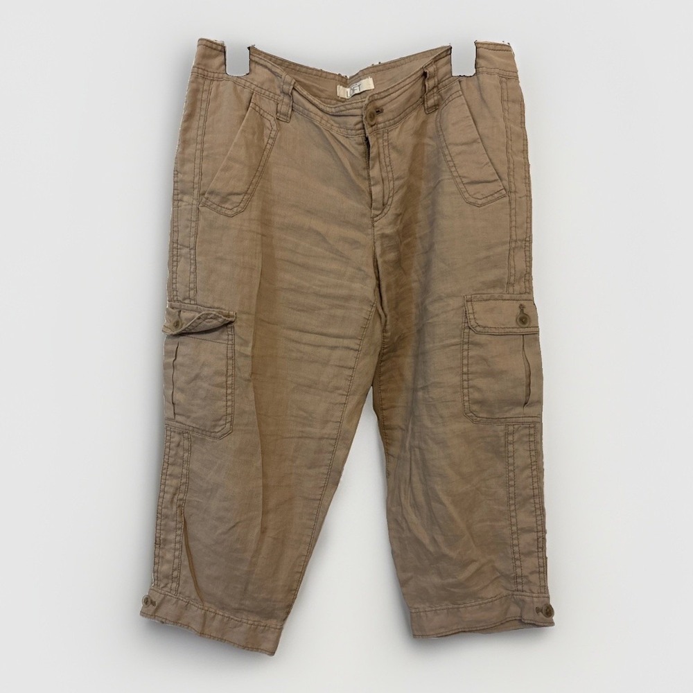 Ann Taylor Loft 100% Linen Cargo Capri Pants Women 6 Light Brown Tan Lightweight